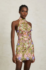 Consuelo Green Floral Embroidered Mesh Mini Dress