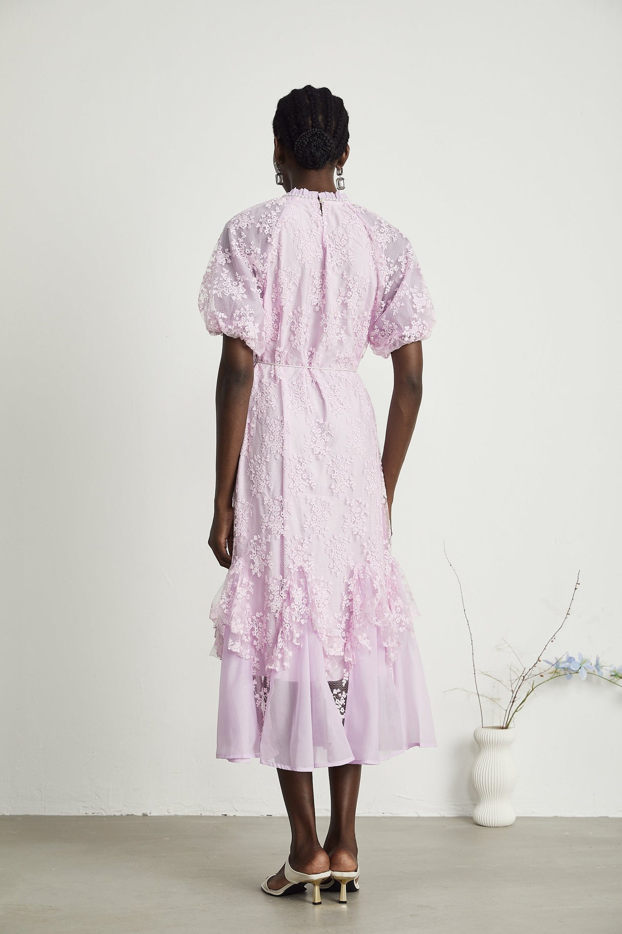 Coralie floral embroideried layered midi dress in Purple