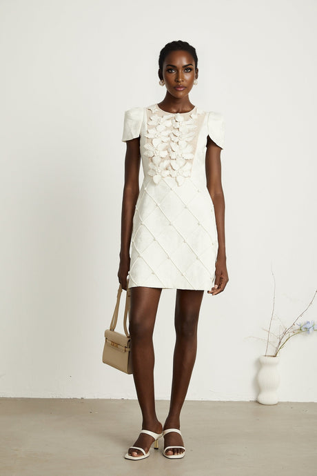 Coralie white petaldetail buttoned mini dress