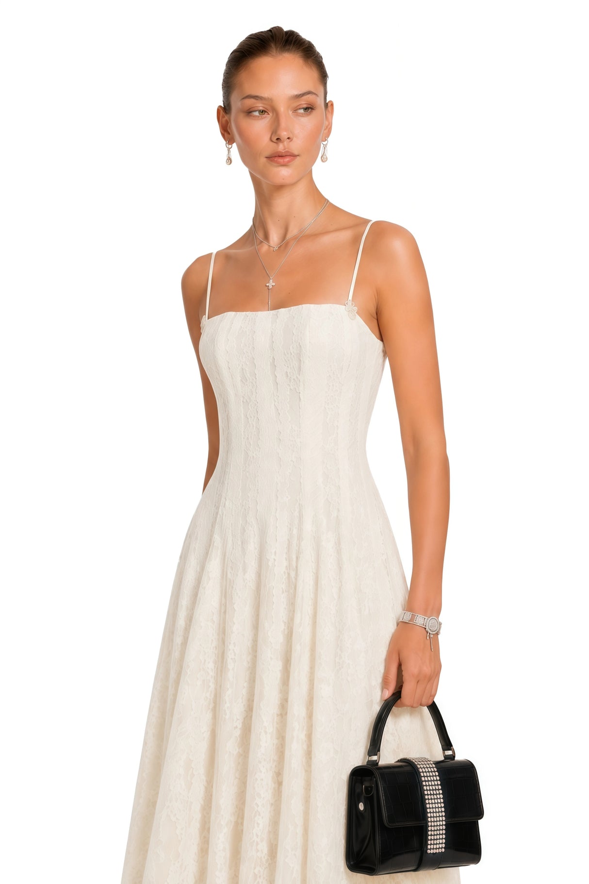 Coralie White Pleated Lace Midi Dress