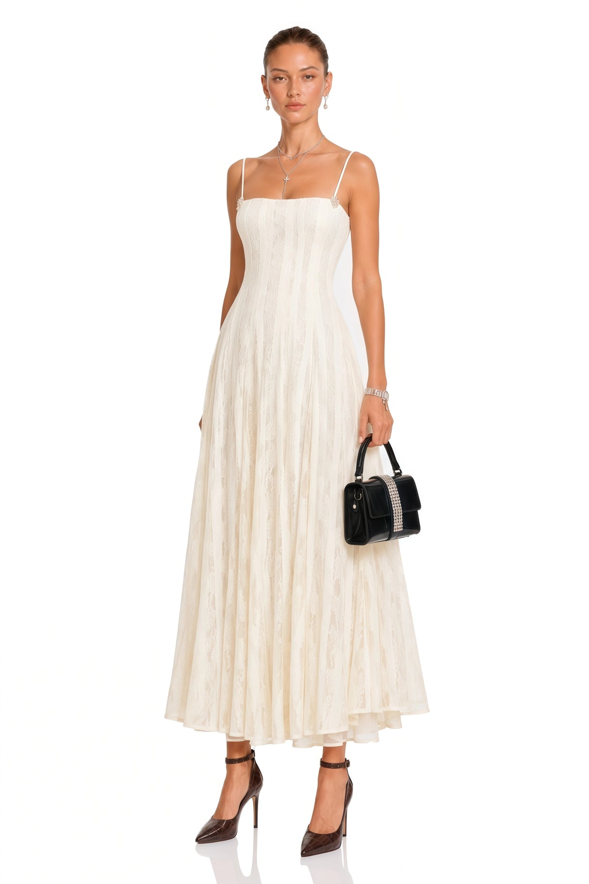 Coralie White Pleated Lace Midi Dress