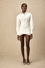 Coraline Mini Dress - Long Sleeve Buttoned Cuffs - Cinched Waist