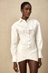 Coraline Mini Dress - Long Sleeve Buttoned Cuffs - Cinched Waist