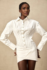 Coraline Mini Dress - Long Sleeve Buttoned Cuffs - Cinched Waist