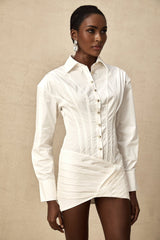 Coraline Mini Dress - Long Sleeve Buttoned Cuffs - Cinched Waist