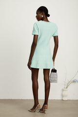 Coraline Mini Dress - Round Neck Design - Short Sleeves - Sequin & Crystal Embellishments - Front Patch Pockets