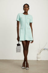 Coraline Mini Dress - Round Neck Design - Short Sleeves - Sequin & Crystal Embellishments - Front Patch Pockets
