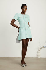 Coraline Mini Dress - Round Neck Design - Short Sleeves - Sequin & Crystal Embellishments - Front Patch Pockets