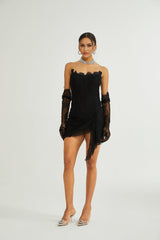 Coraline Off Shoulder Mini Dress - Mesh Floral Lace - Faux - Pearl Embellishment - Ribbon Detail - Lace Hem