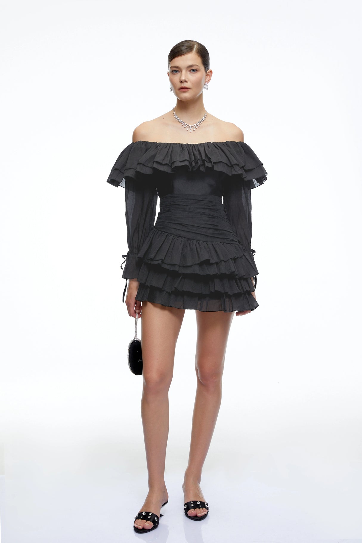 Cordelia Black Off Shoulder Ruffled Mini Dress