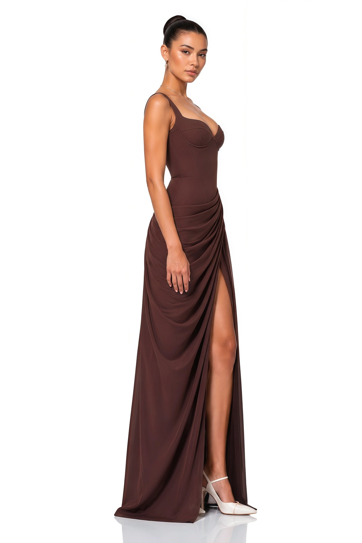 Cordelia Brown Ruched Bust Maxi Dress with Slit