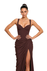 Cordelia Brown Ruched Bust Maxi Dress with Slit