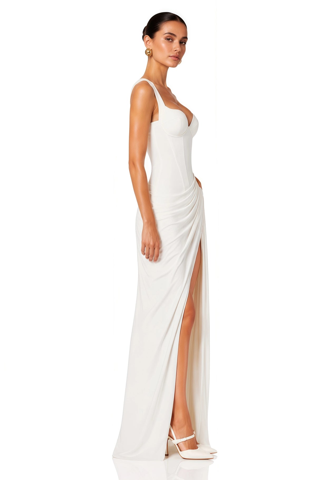 Cordelia White Ruched Bust Maxi Dress with Slit