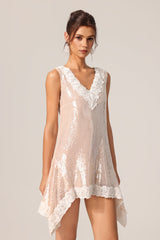 Corinna Beige Lace Sequin Mini Dress V-Neck Sleeveless Cocktail Party