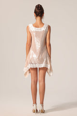 Corinna Beige Lace Sequin V-Neck Mini Dress