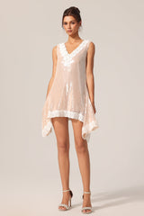 Corinna Beige Sequin Lace V-Neck Mini Dress