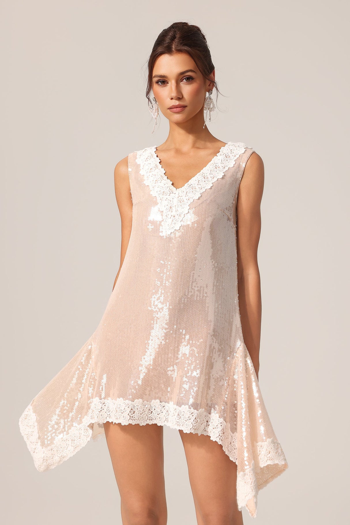 Corinna Beige Sequin Lace V-Neck Sleeveless Mini Dress
