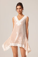 Corinna Beige Sequin Lace V-Neck Sleeveless Mini Dress