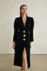 Corinna Long Sleeve Midi Dress - Lapel Neckline - Pleat Detailing - Waist - Tightened Design - Front Button Fastening