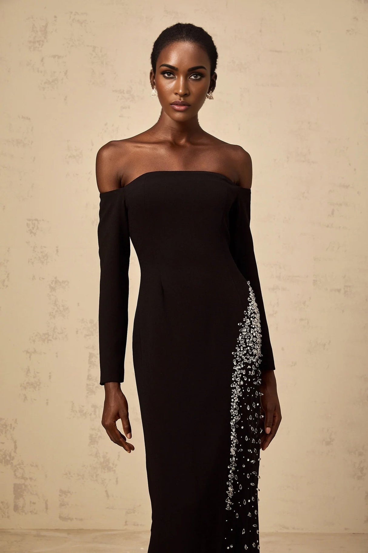 Corinna Maxi Dress Black Mesh Crystal Embellished Slit Zip Detail