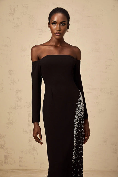 Corinna Maxi Dress Black Mesh Crystal Embellished Slit Zip Detail