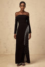 Corinna Maxi Dress Black Mesh Crystal Embellished Slit Zip Detail
