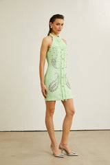 Corinna Mini Dress - Halterneck Fringed Beaded Sequined Buttoned Zipper Thigh - Length