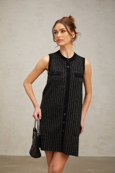 Corinna Mini Dress - Knitted Sleeveless Velvet Stripe Sequin Embellished