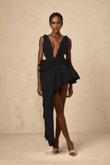 Corinna Mini Dress Ribbon - Design Black & Asymmetrical
