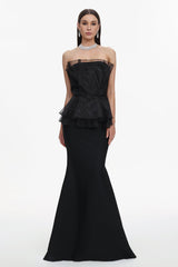 Cosima Black Fishtail Silhouette Strapless Dress with Ruffle Detailing