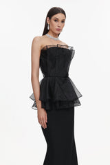 Cosima Black Fishtail Silhouette Strapless Formal Dress with Ruffle Detailing