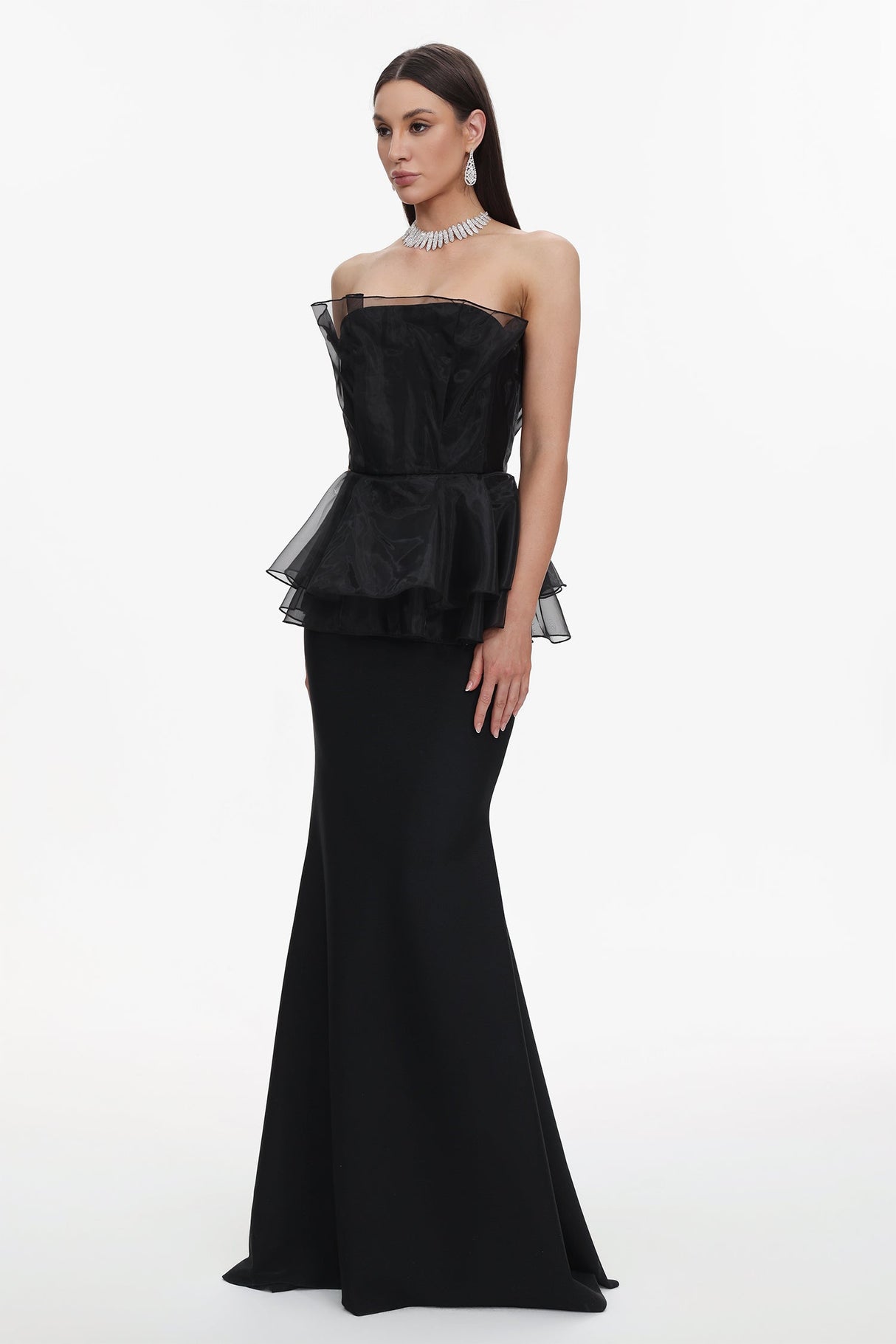 Cosima Black Fishtail Silhouette Strapless Formal Dress with Ruffle Detailing