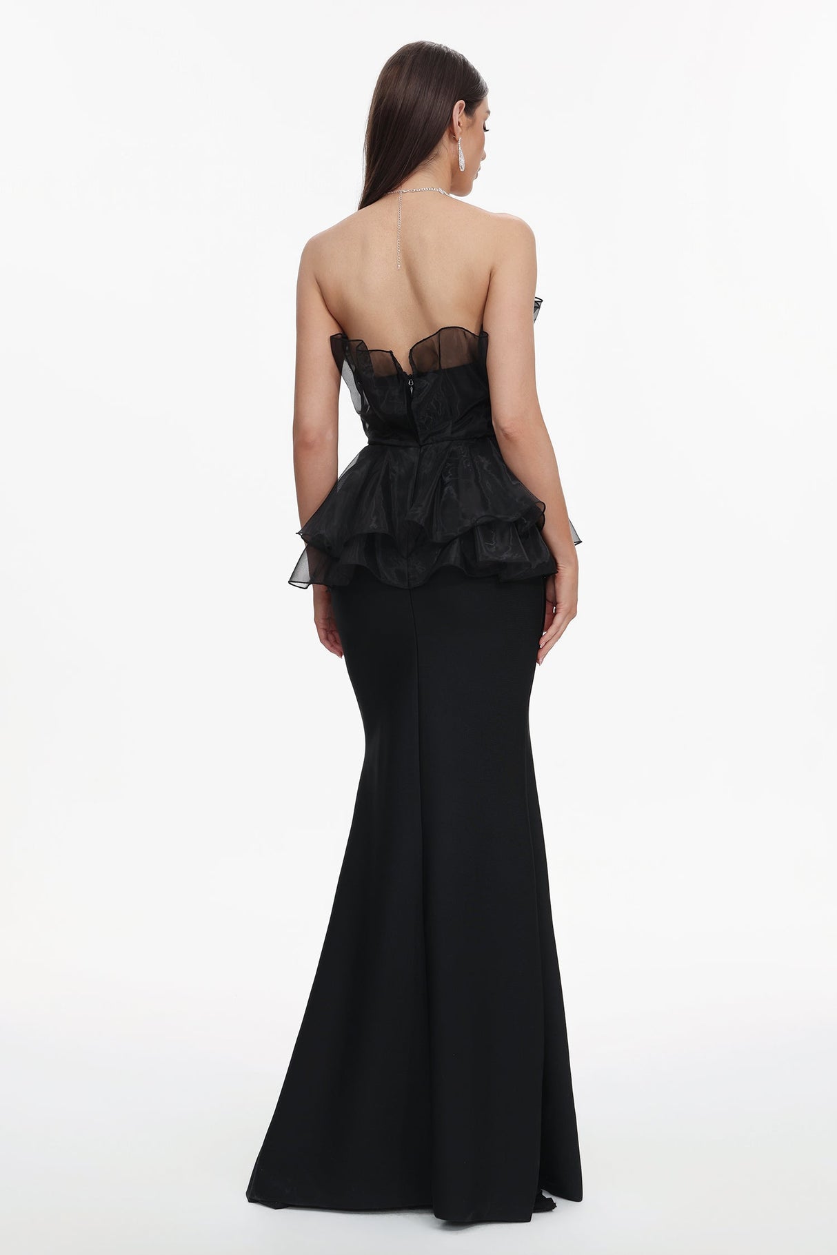 Cosima Black Fishtail Silhouette Strapless Formal Dress with Ruffle Detailing