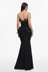 Cosima Black Fishtail Silhouette Strapless Formal Dress with Ruffle Detailing