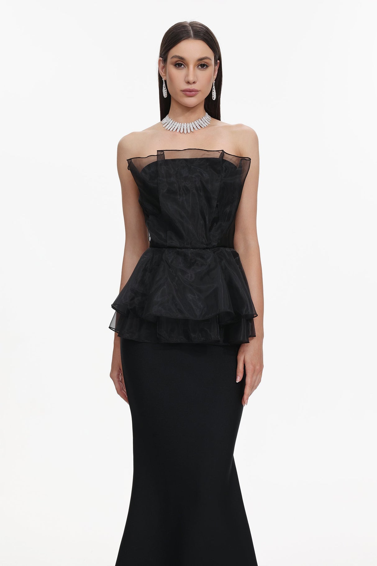 Cosima Black Fishtail Silhouette Strapless Formal Dress with Ruffle Detailing