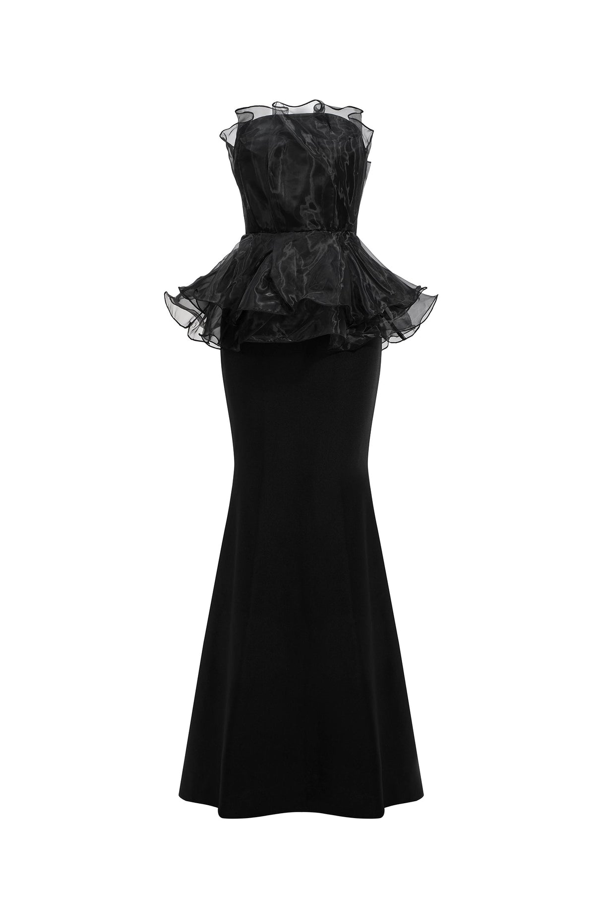 Cosima Black Fishtail Silhouette Strapless Formal Dress with Ruffle Detailing
