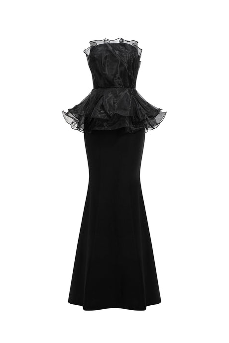 Cosima Black Fishtail Silhouette Strapless Formal Dress with Ruffle Detailing