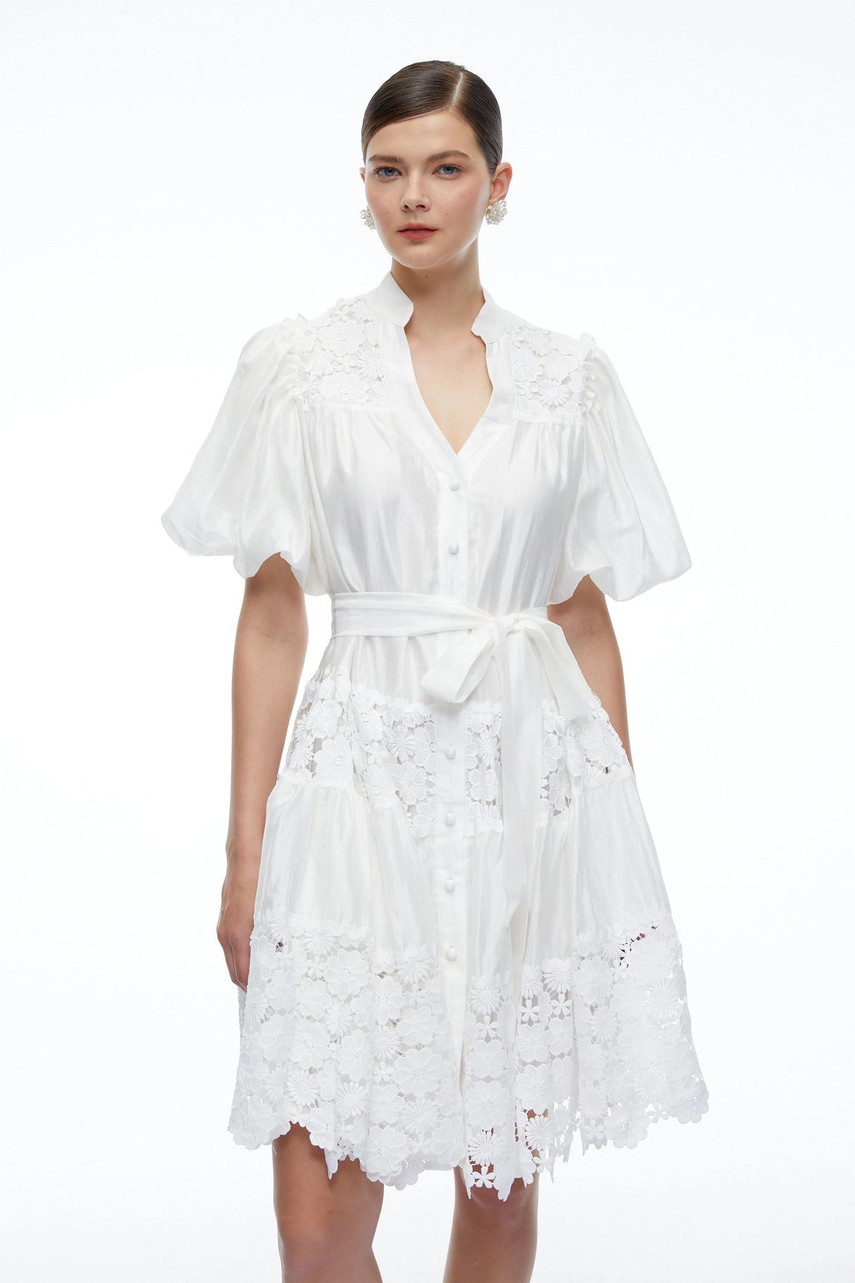 Cosima White Lace Puff Sleeves Mini Dress