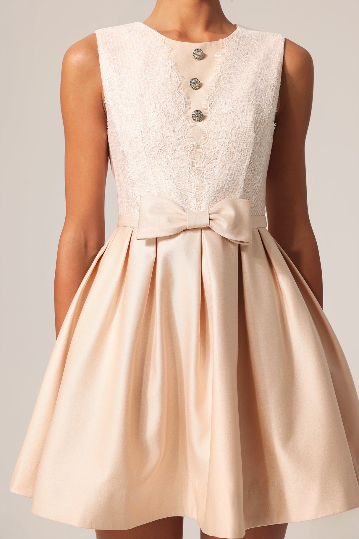 Costanza Beige Lace Detail Mini Dress with Bow Waist and Button Accents