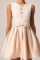Costanza Beige Lace Detail Mini Dress with Bow Waist and Button Accents