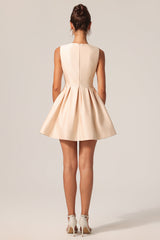 Costanza Beige Lace Detail Sleeveless Mini Dress with Bow Waist and Button Accents
