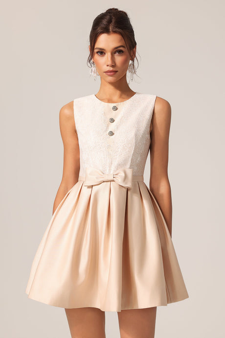Costanza Beige Lace Sleeveless Mini Dress with Bow Detail and Button Accents