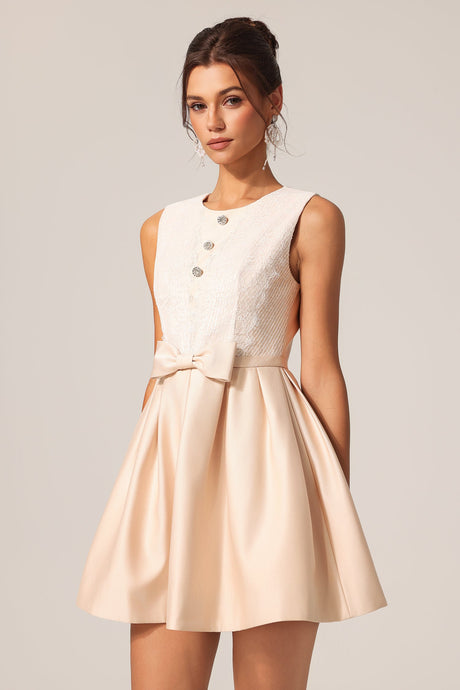 Costanza Beige Lace Sleeveless Mini Dress with Bow Waist and Button Accents