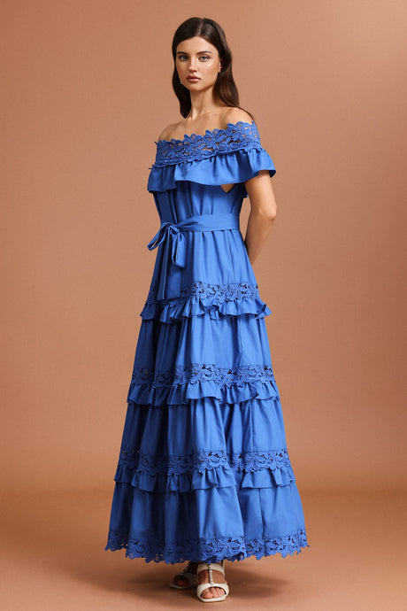 Costanza Blue Lace Off-Shoulder Maxi Dress with Ruffles and Belt