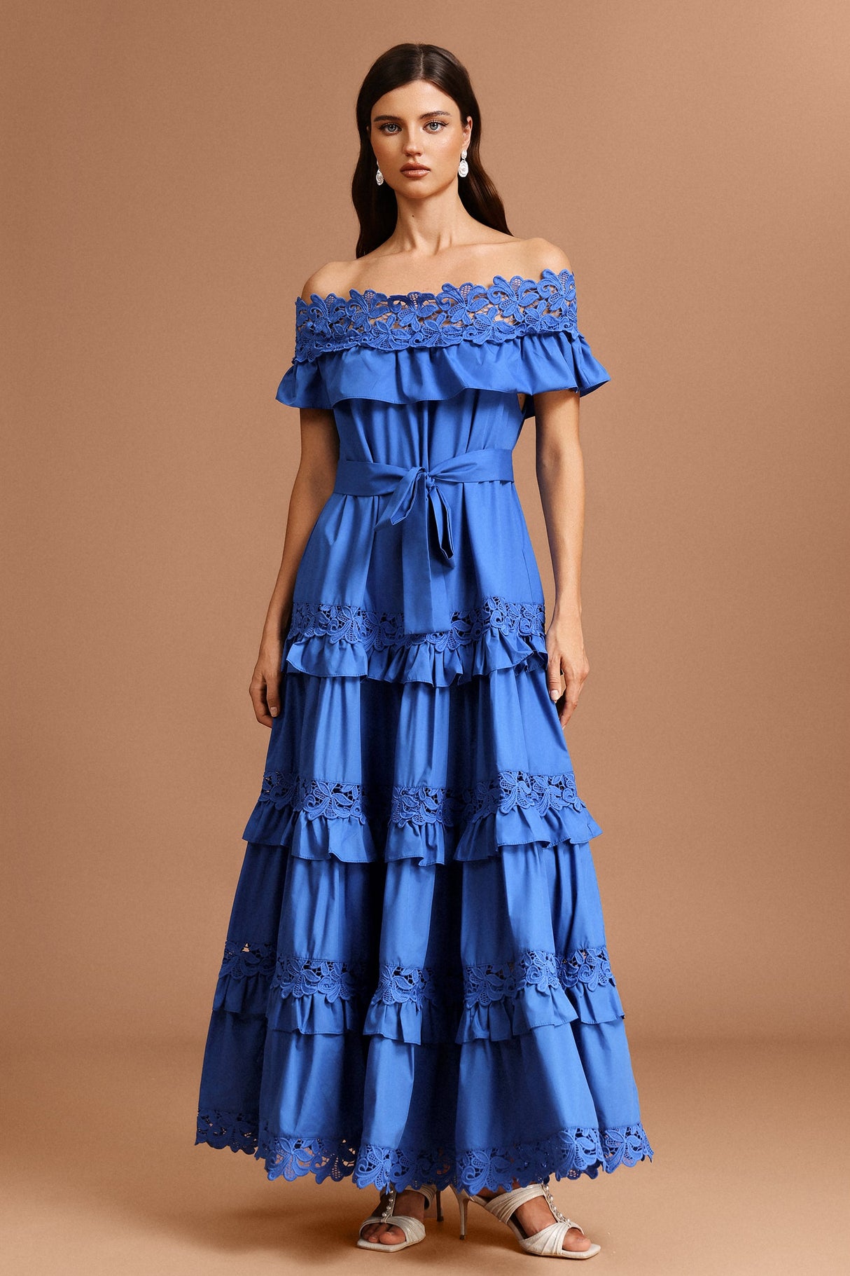 Costanza Blue Lace Off-The-Shoulder Maxi Dress
