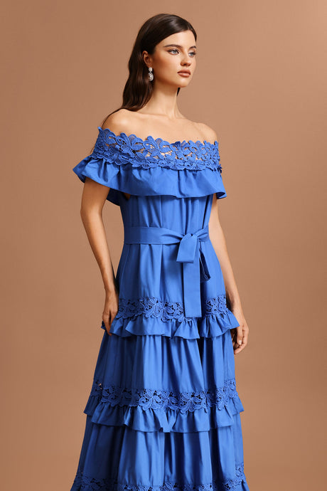 Costanza Blue Lace Off the Shoulder Maxi Dress with Ruffles and Adjustable Belt for Women