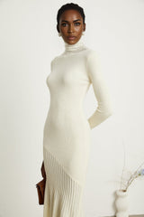 Costanza Midi Dress - High Neck - Long Sleeves - Pleated Design - Semi - Sheer Finish