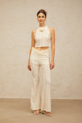 Cream white matching set featuring a jacquard top with ruffled lace trim and coordinating trousers