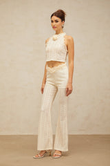 Cream white matching set with ruffled lace trim jacquard top and trousers named Magali