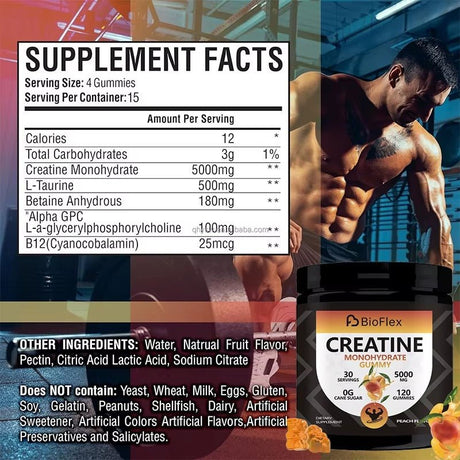 Creatine Monohydrate Gummies – 5000mg Pre - Workout Energy Boost (120 Gummies, Peach Flavor)
